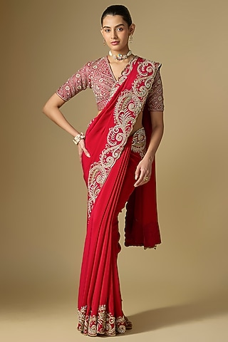 Red Raw Silk Embroidered Saree Set by Jayanti Reddy