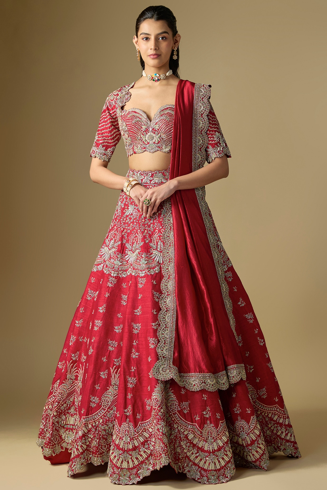 Jayanti Reddy Red Raw Silk Embroidered Lehenga Set