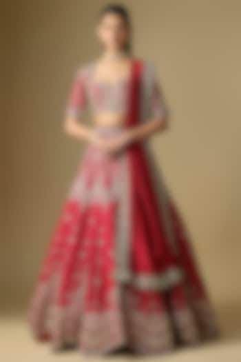 Red Raw Silk Embroidered Bridal Lehenga Set by Jayanti Reddy at Pernia's Pop Up Shop
