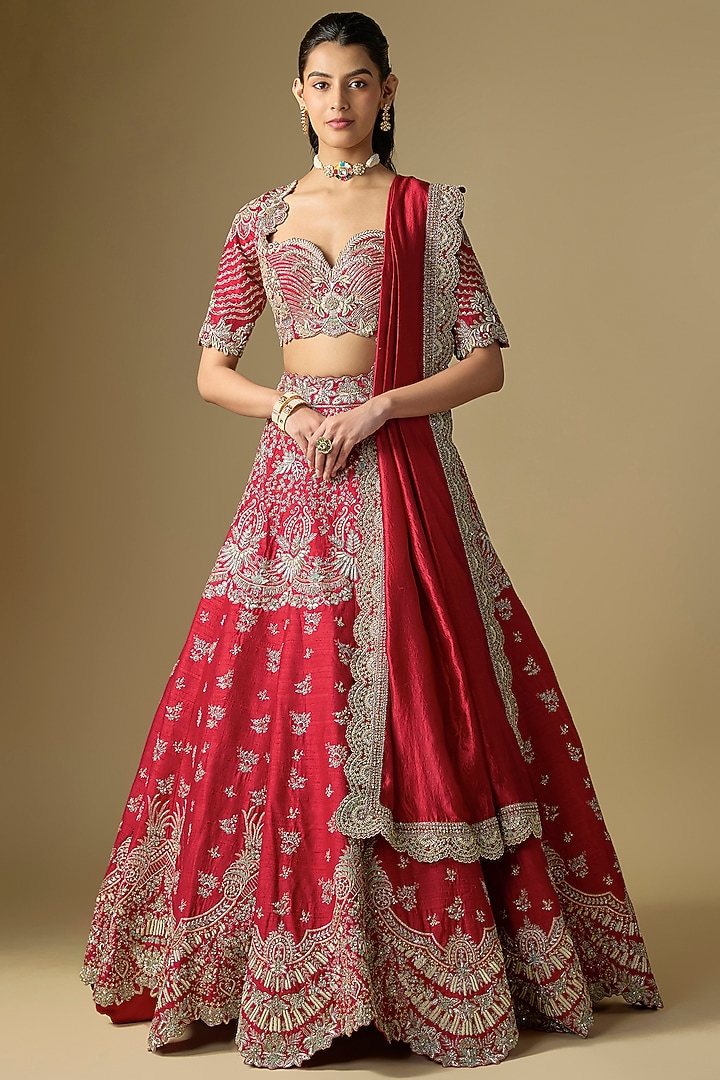 Red Raw Silk Embroidered Bridal Lehenga Set by Jayanti Reddy at Pernia's Pop Up Shop