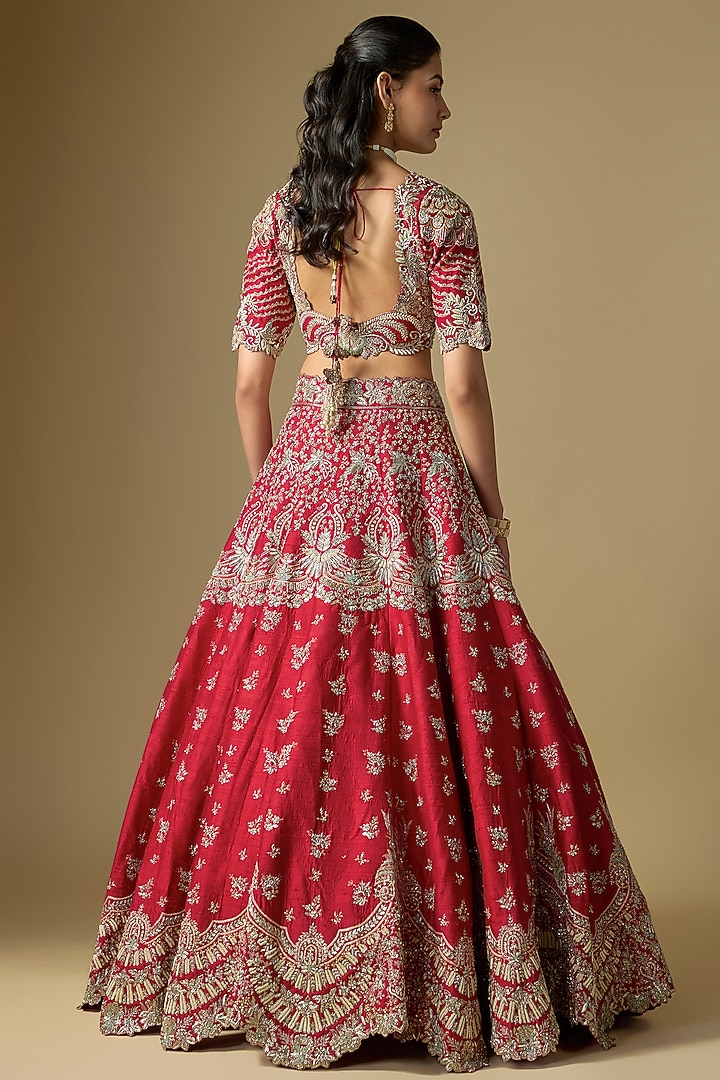 Red Raw Silk Embroidered Bridal Lehenga Set by Jayanti Reddy at Pernia's Pop Up Shop