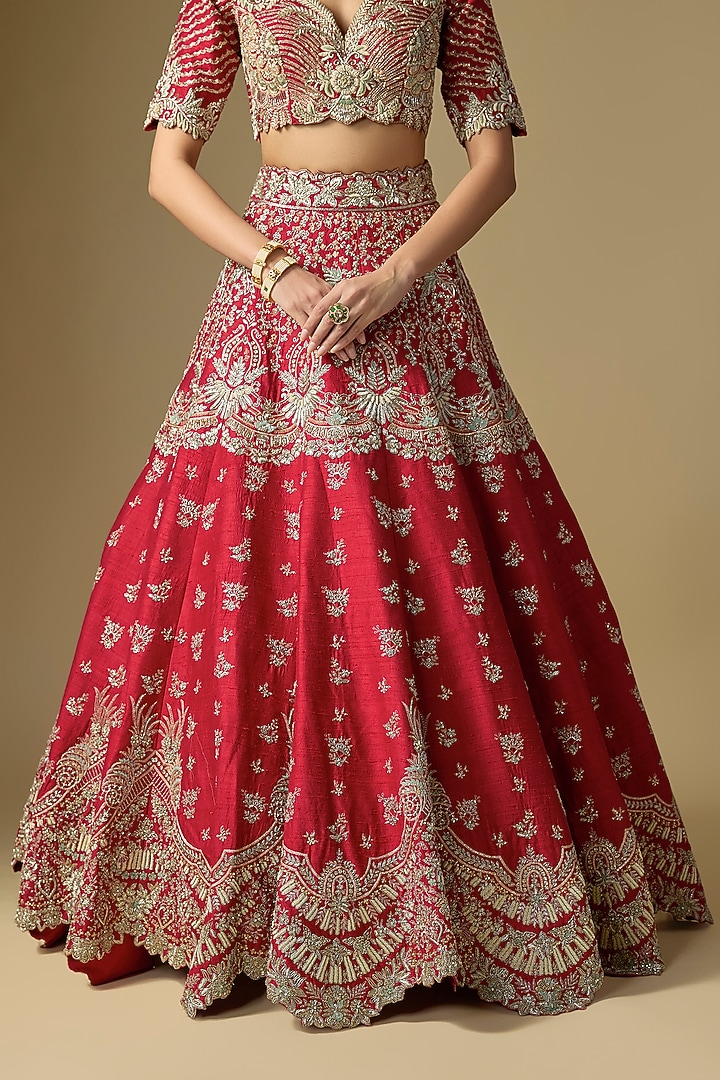 Red Raw Silk Embroidered Bridal Lehenga Set by Jayanti Reddy at Pernia's Pop Up Shop