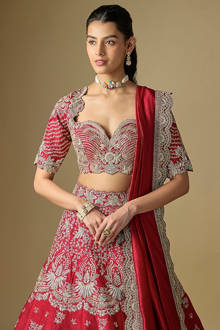 Red Raw Silk Embroidered Bridal Lehenga Set by Jayanti Reddy at Pernia's Pop Up Shop