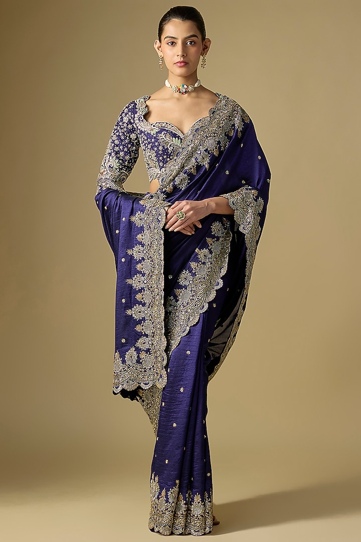 Purple Raw Silk Embroidered Bridal Saree Set by Jayanti Reddy at Pernia's Pop Up Shop