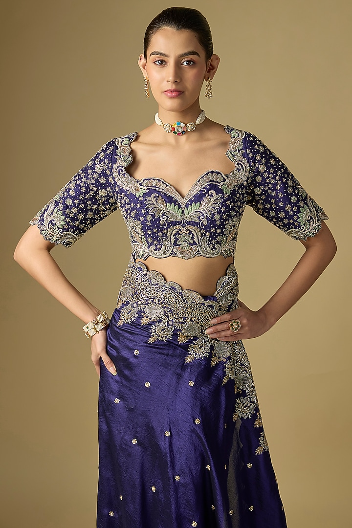 Purple Raw Silk Embroidered Bridal Saree Set by Jayanti Reddy at Pernia's Pop Up Shop