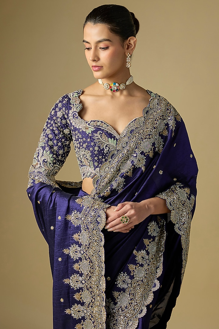 Purple Raw Silk Embroidered Bridal Saree Set by Jayanti Reddy at Pernia's Pop Up Shop