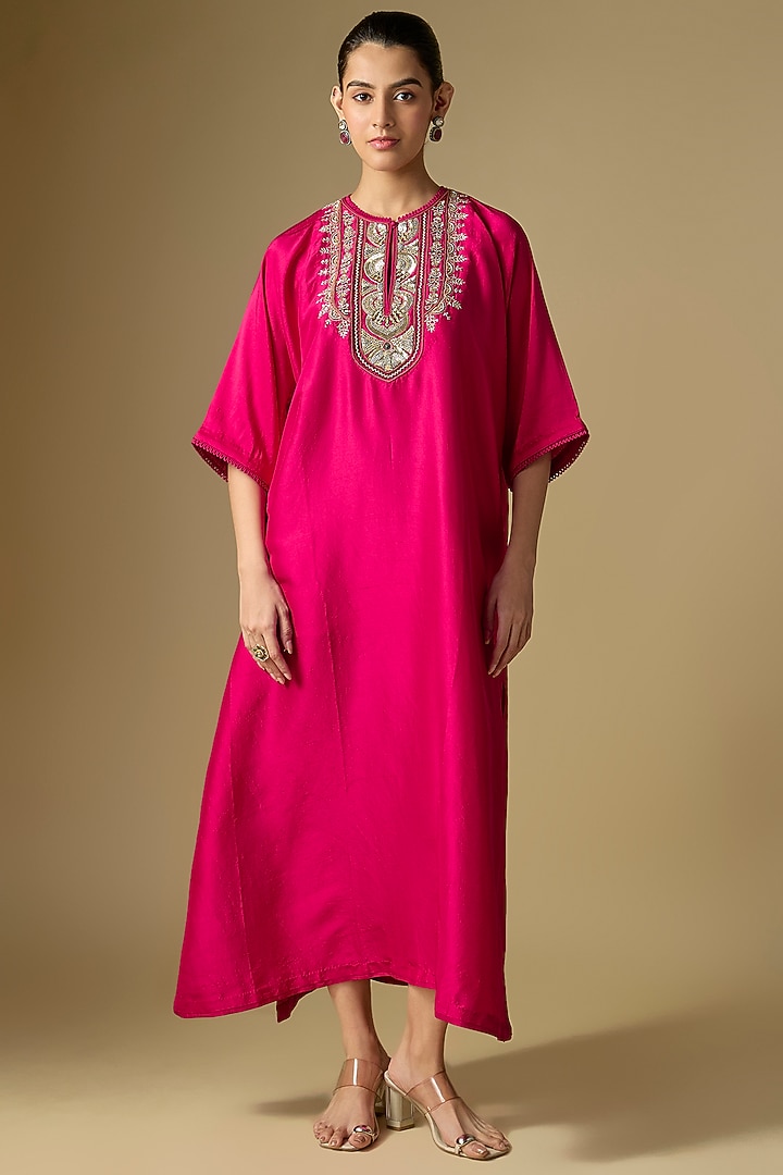 Rani Pink Silk Embroidered Kaftan by Jayanti Reddy at Pernia's Pop Up Shop