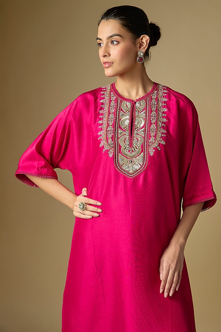 Rani Pink Silk Embroidered Kaftan by Jayanti Reddy at Pernia's Pop Up Shop