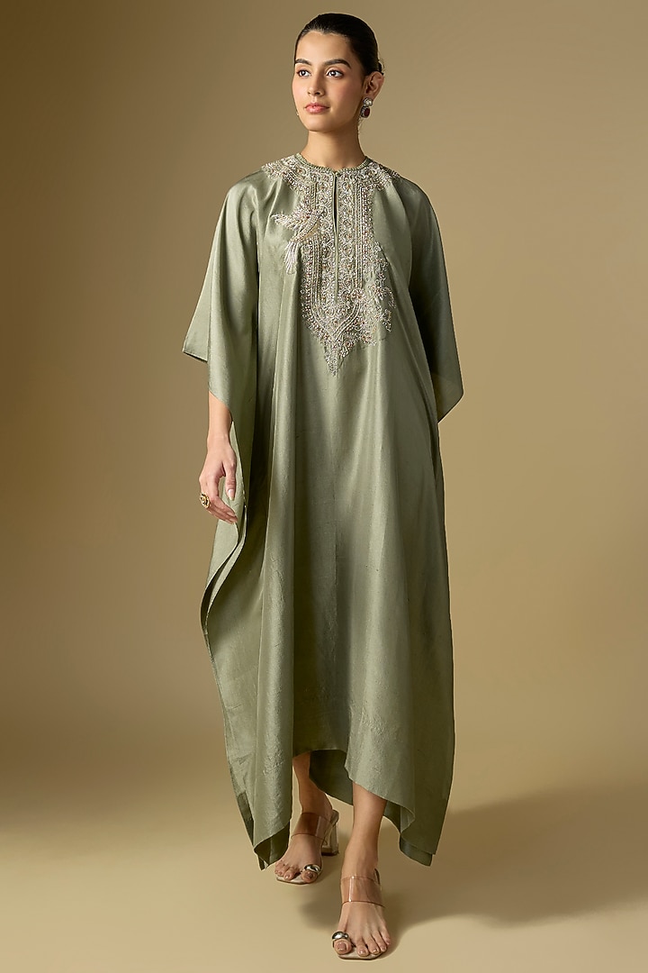 Mint Green Silk Embroidered Kaftan by Jayanti Reddy at Pernia's Pop Up Shop