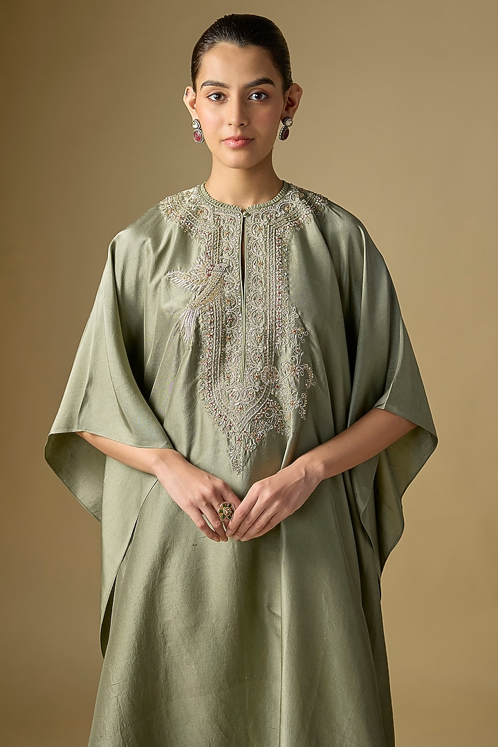 Mint Green Silk Embroidered Kaftan by Jayanti Reddy at Pernia's Pop Up Shop