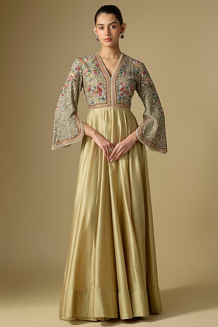 Beige Silk Embroidered Wedding Anarkali by Jayanti Reddy at Pernia's Pop Up Shop