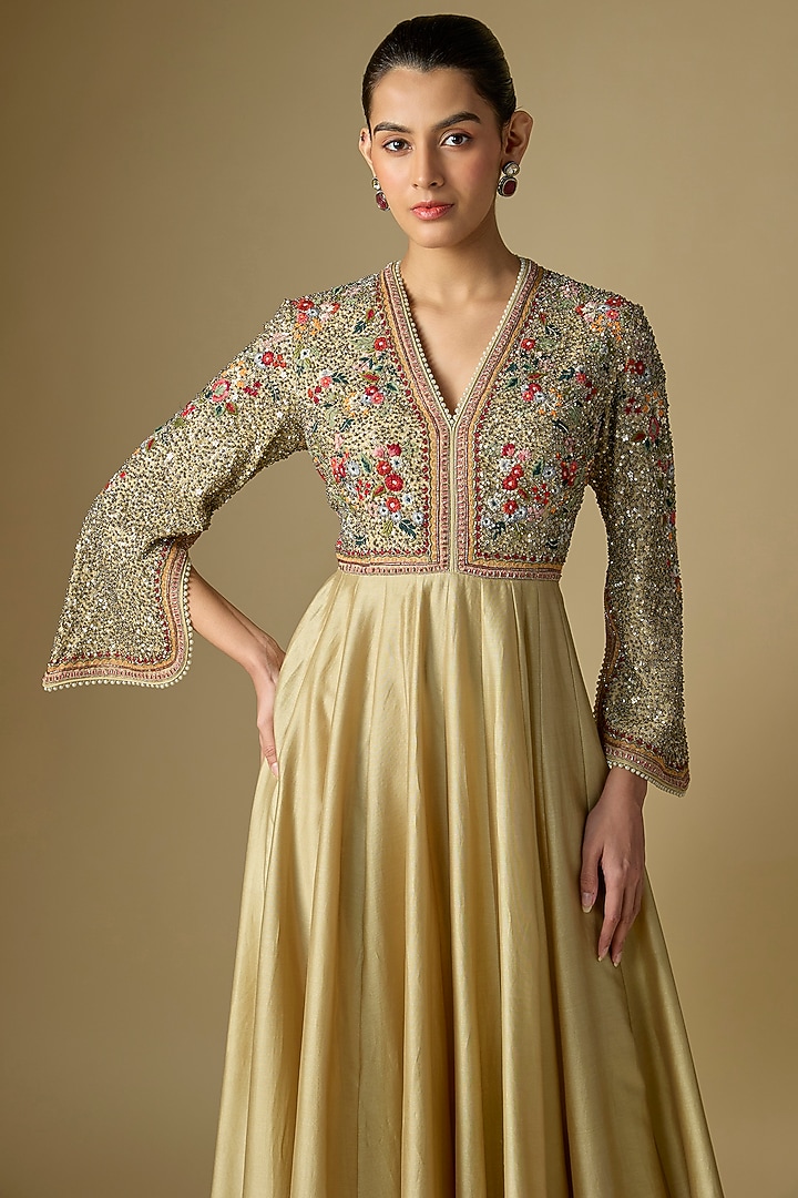 Beige Silk Embroidered Wedding Anarkali by Jayanti Reddy at Pernia's Pop Up Shop