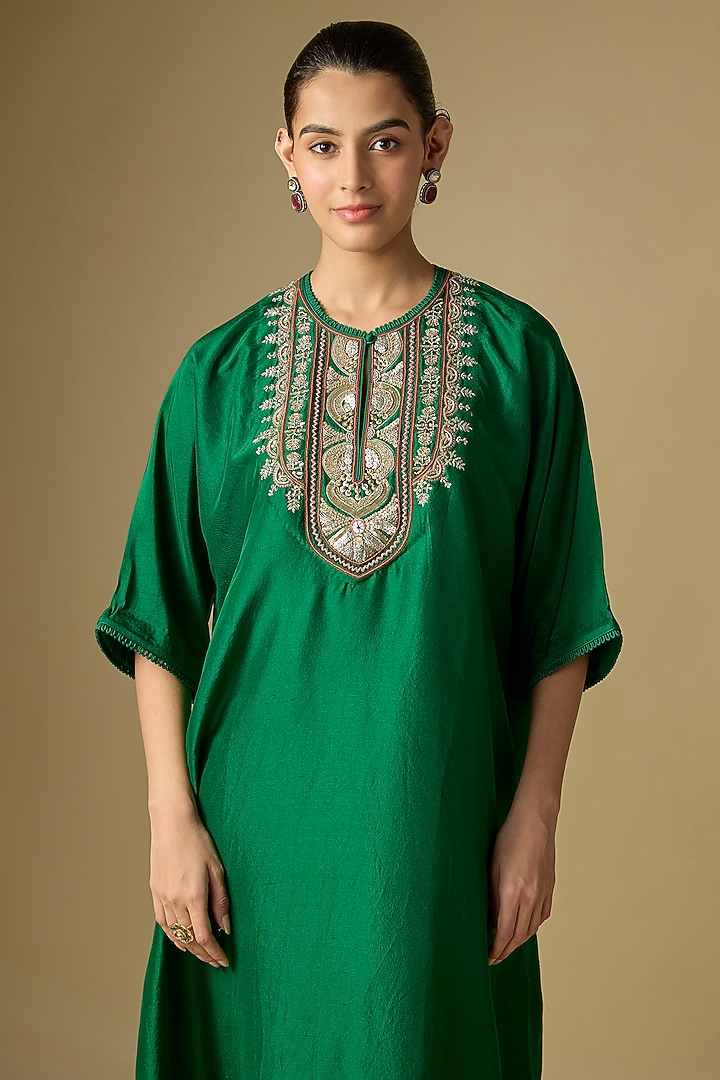 Emerald Green Silk Embroidered Kaftan by Jayanti Reddy at Pernia's Pop Up Shop