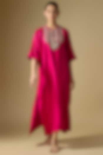 Red Silk Embroidered Kaftan by Jayanti Reddy at Pernia's Pop Up Shop