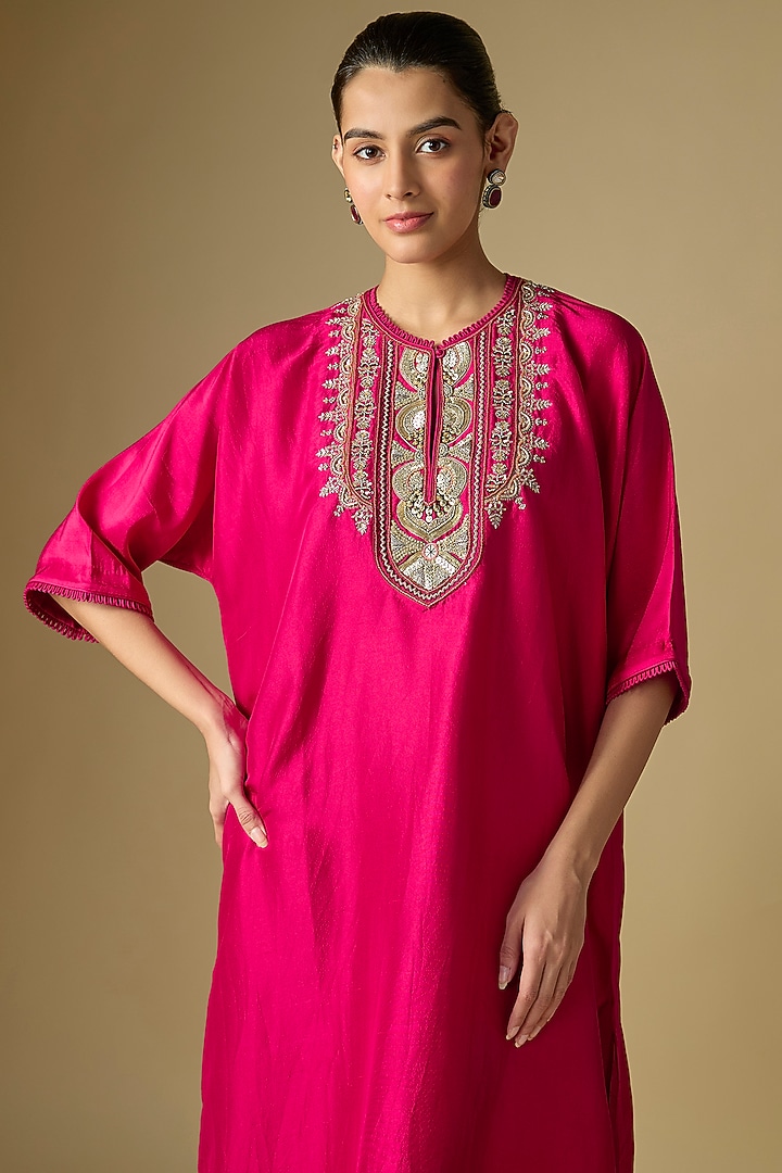 Red Silk Embroidered Kaftan by Jayanti Reddy at Pernia's Pop Up Shop