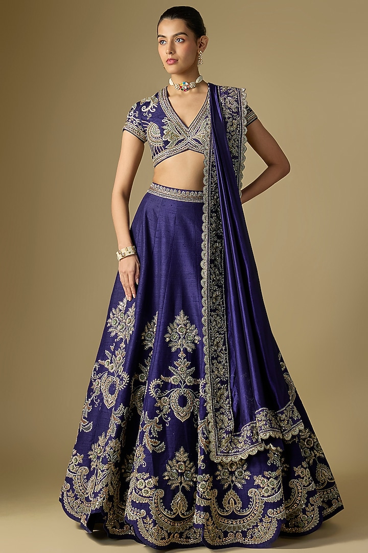Purple Raw Silk Embroidered Bridal Lehenga Set by Jayanti Reddy at Pernia's Pop Up Shop