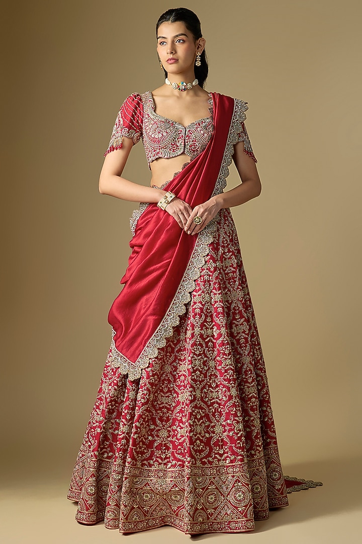 Red Raw Silk Embroidered Bridal Lehenga Set by Jayanti Reddy at Pernia's Pop Up Shop