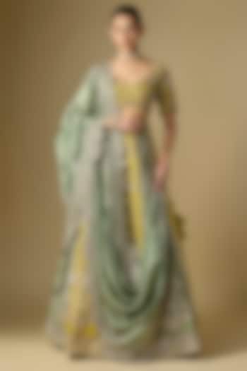 Mint & Mustard Raw Silk Embroidered Bridal Lehenga Set by Jayanti Reddy at Pernia's Pop Up Shop