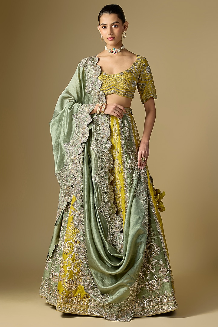 Mint & Mustard Raw Silk Embroidered Bridal Lehenga Set by Jayanti Reddy at Pernia's Pop Up Shop