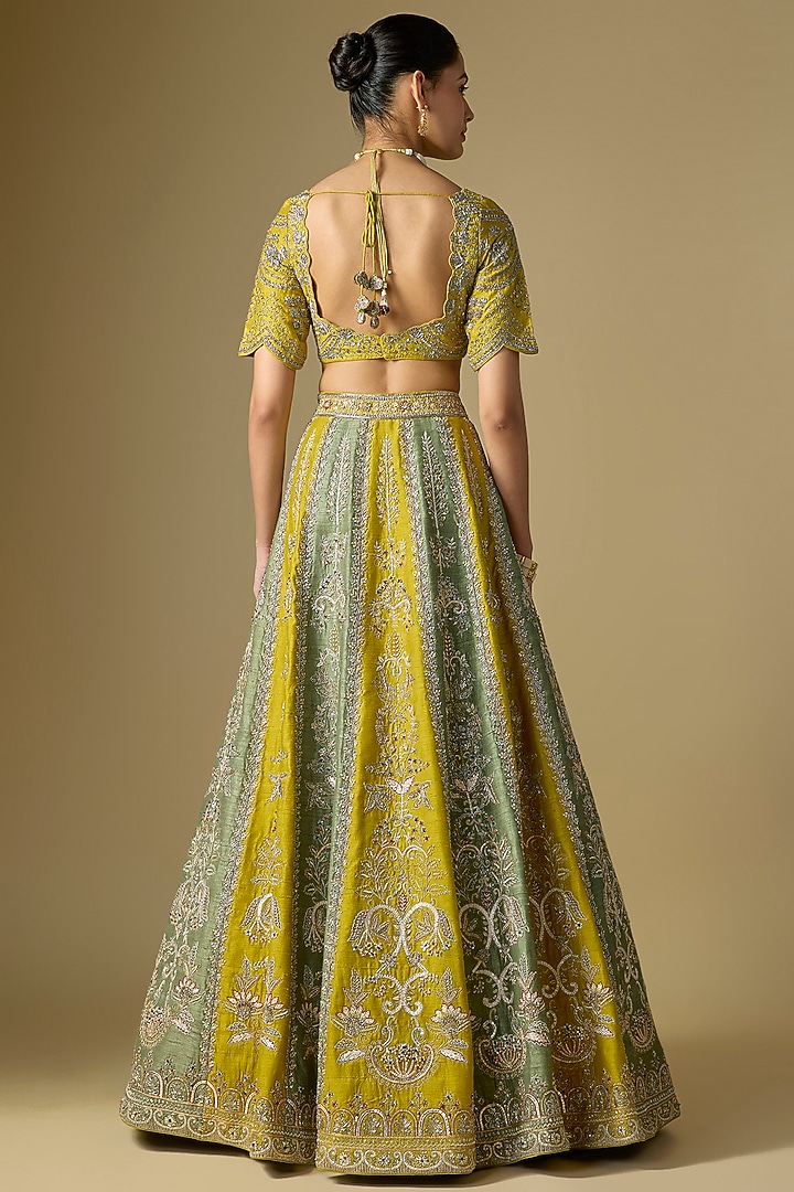 Mint & Mustard Raw Silk Embroidered Bridal Lehenga Set by Jayanti Reddy at Pernia's Pop Up Shop