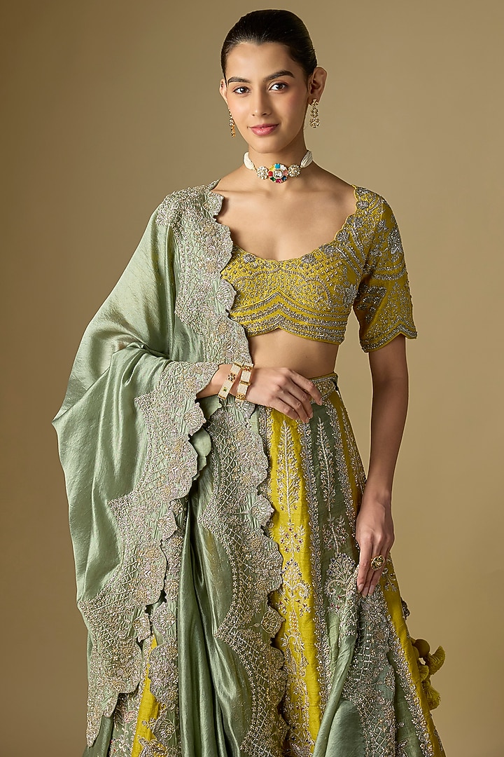 Mint & Mustard Raw Silk Embroidered Bridal Lehenga Set by Jayanti Reddy at Pernia's Pop Up Shop