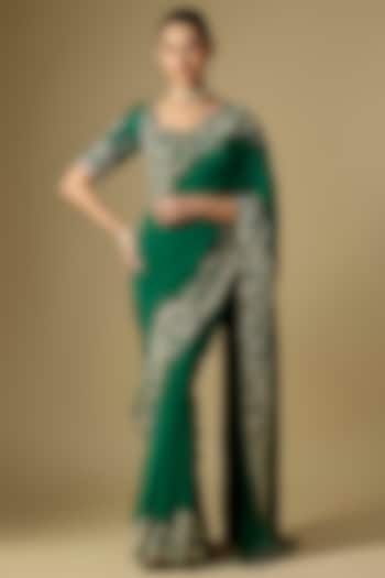 Emerald Green Raw Silk Embroidered Bridal Saree Set by Jayanti Reddy at Pernia's Pop Up Shop