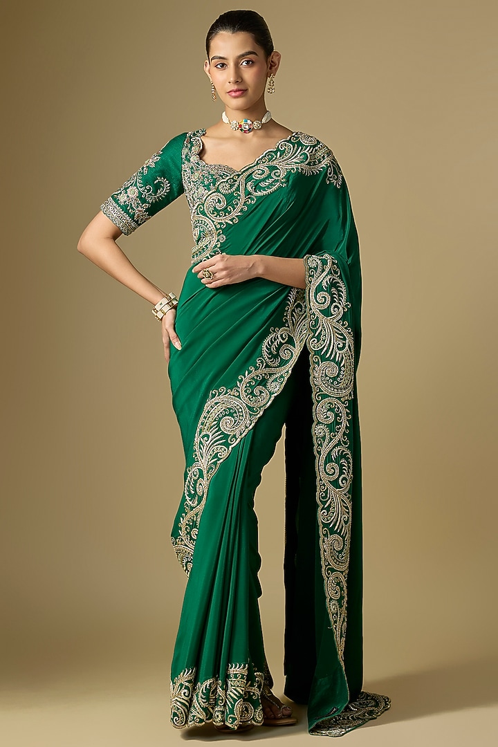 Emerald Green Raw Silk Embroidered Bridal Saree Set by Jayanti Reddy at Pernia's Pop Up Shop
