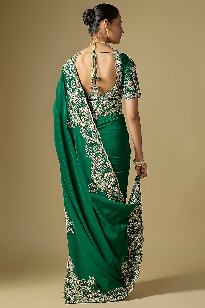 Emerald Green Raw Silk Embroidered Bridal Saree Set by Jayanti Reddy at Pernia's Pop Up Shop