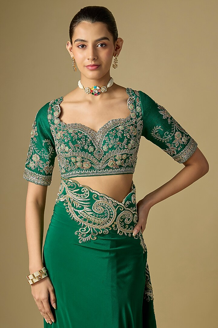 Emerald Green Raw Silk Embroidered Bridal Saree Set by Jayanti Reddy at Pernia's Pop Up Shop