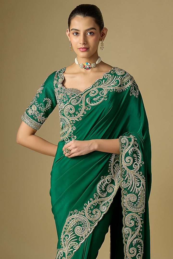 Emerald Green Raw Silk Embroidered Bridal Saree Set by Jayanti Reddy at Pernia's Pop Up Shop