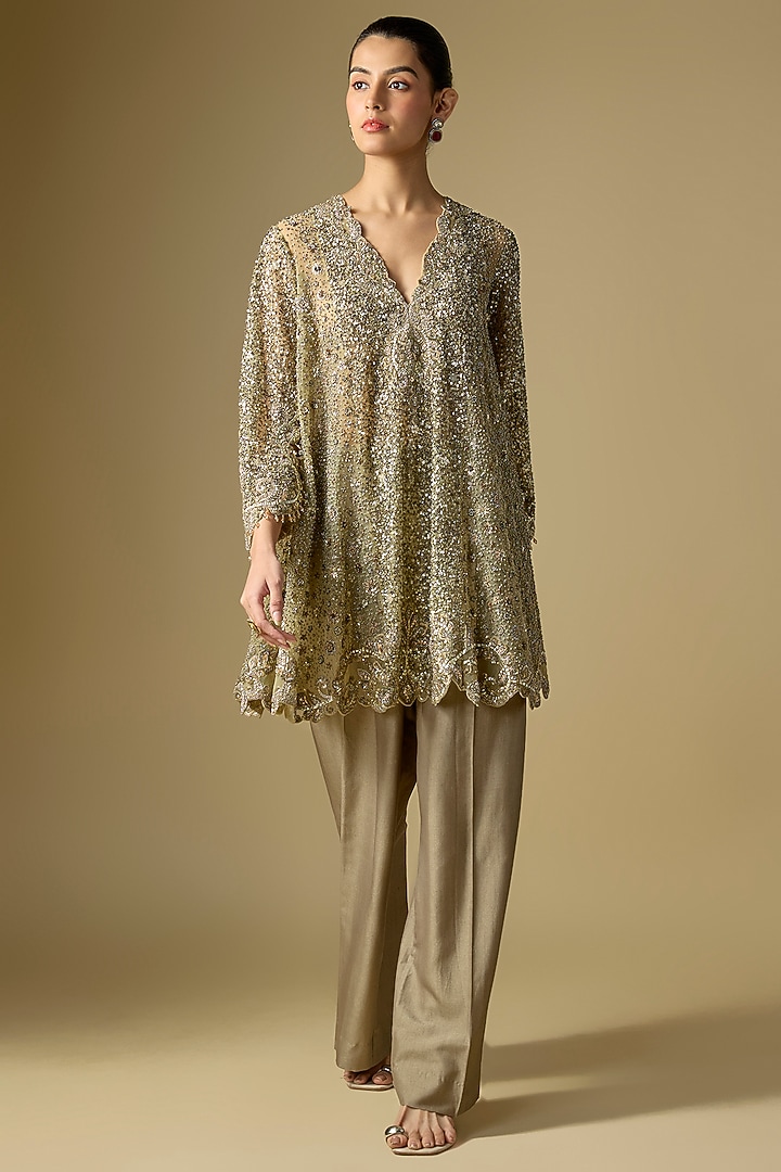 Beige Gold Net Embroidered Tunic Set by Jayanti Reddy at Pernia's Pop Up Shop