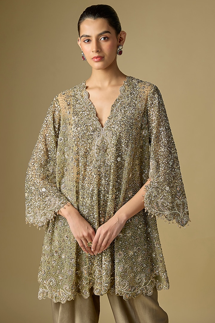Beige Gold Net Embroidered Tunic Set by Jayanti Reddy at Pernia's Pop Up Shop