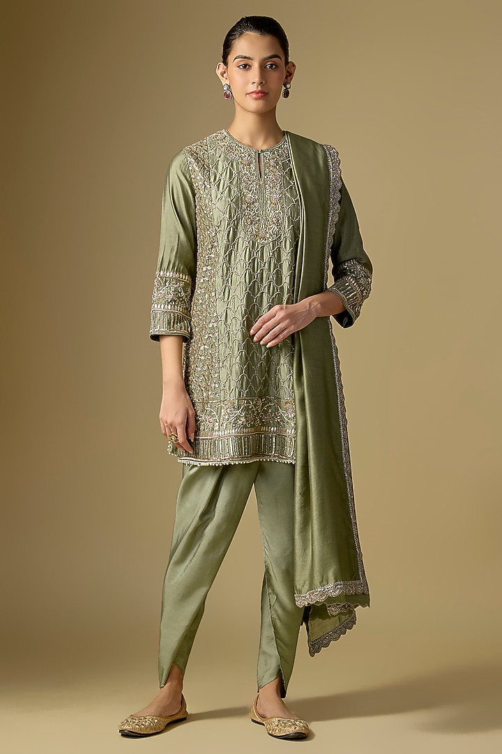 Mint Green Silk Embroidered Tunic Set by Jayanti Reddy at Pernia's Pop Up Shop