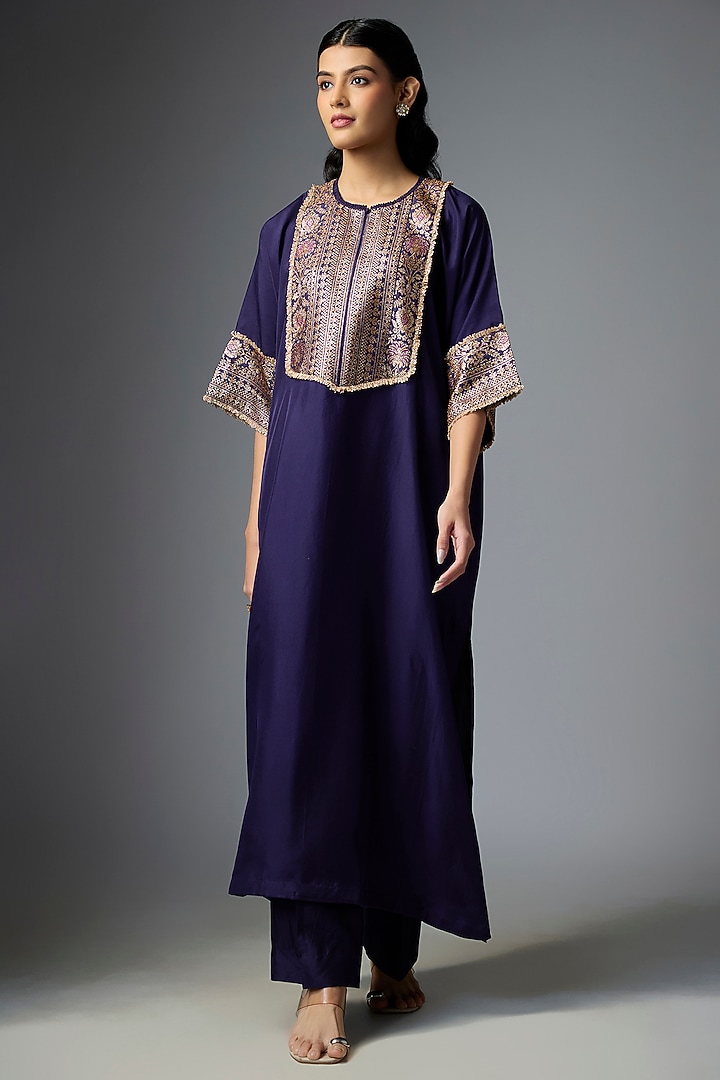 Purple Silk Embroidered Kaftan Set by Jayanti Reddy at Pernia's Pop Up Shop