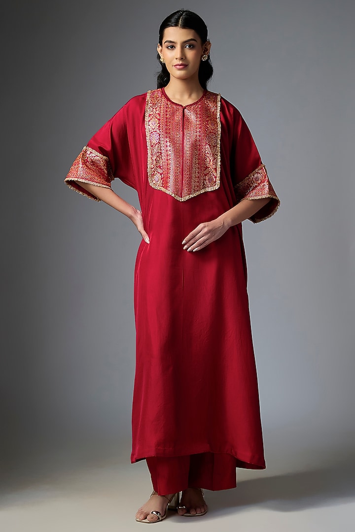 Red Silk Embroidered Kaftan Set by Jayanti Reddy at Pernia's Pop Up Shop