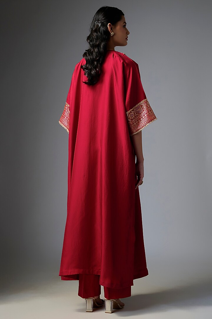 Red Silk Embroidered Kaftan Set by Jayanti Reddy at Pernia's Pop Up Shop