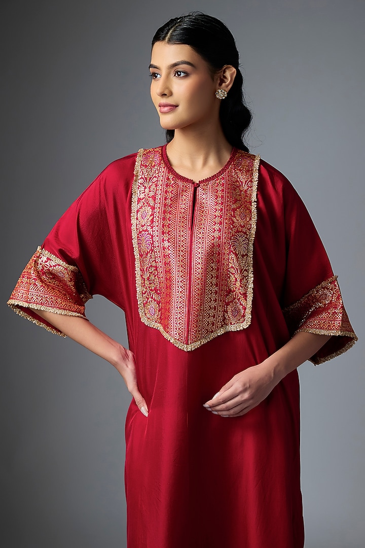 Red Silk Embroidered Kaftan Set by Jayanti Reddy at Pernia's Pop Up Shop