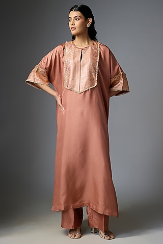 Peach Silk Embroidered Kaftan Set by Jayanti Reddy