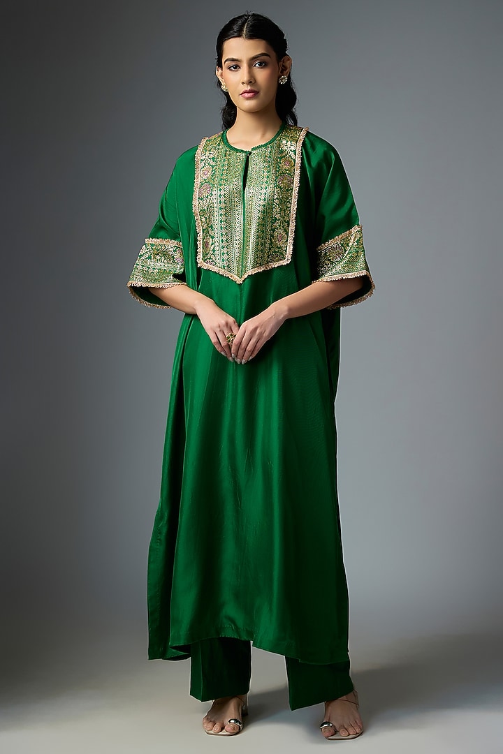 Bottle Green Silk Embroidered Kaftan Set by Jayanti Reddy at Pernia's Pop Up Shop