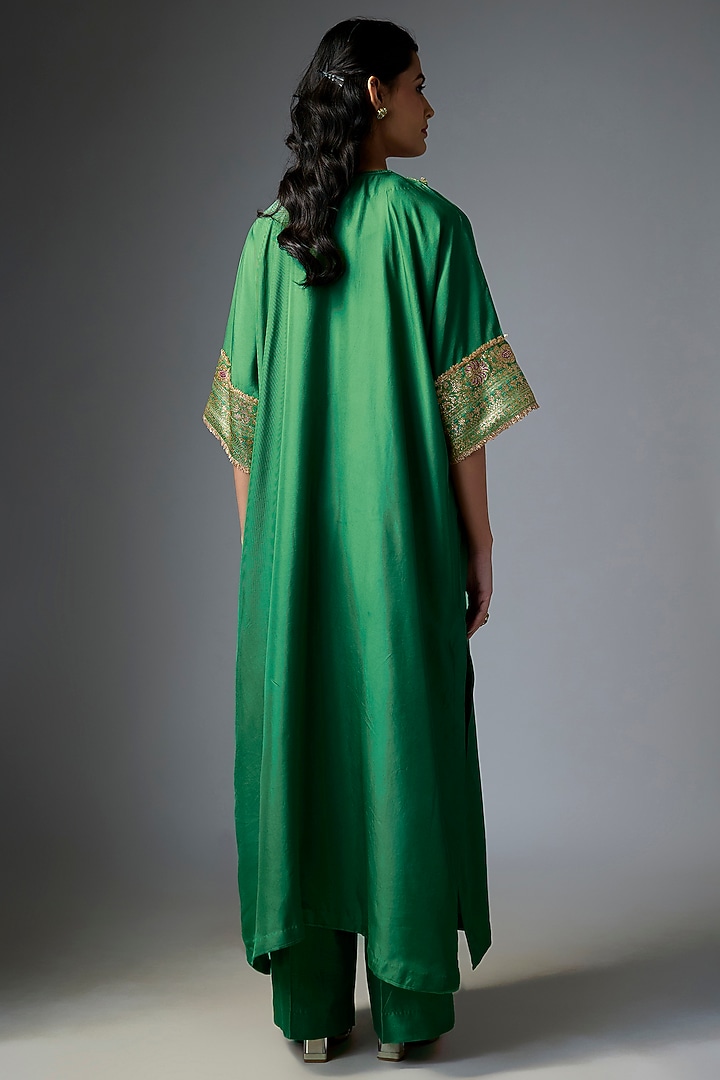 Bottle Green Silk Embroidered Kaftan Set by Jayanti Reddy at Pernia's Pop Up Shop