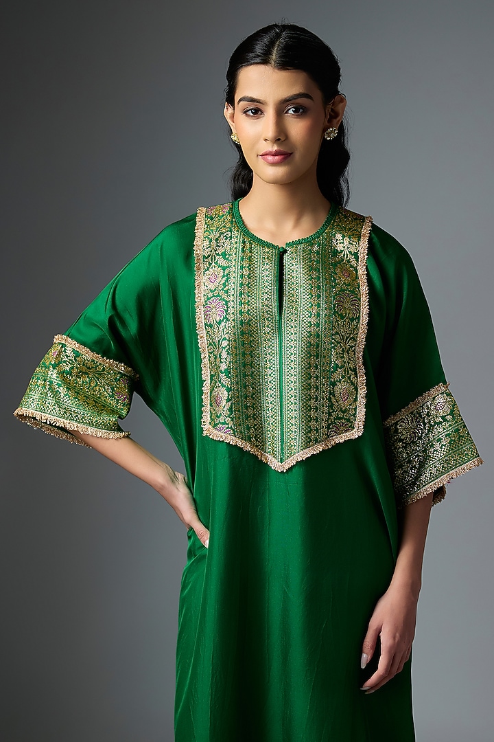 Bottle Green Silk Embroidered Kaftan Set by Jayanti Reddy at Pernia's Pop Up Shop