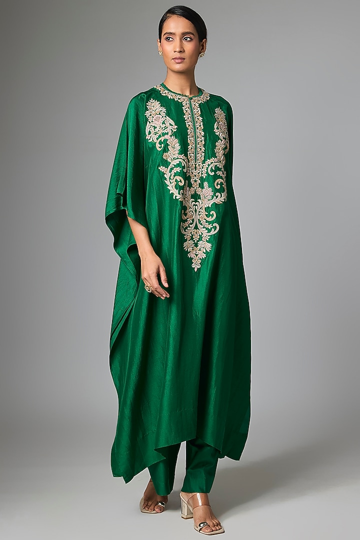 Bottle Green Silk Aari Work Kaftan Set by Jayanti Reddy at Pernia's Pop Up Shop