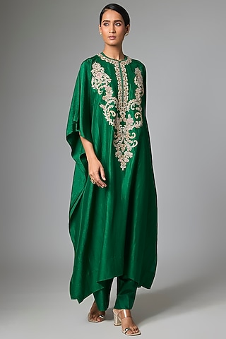 Bottle Green Silk Aari Work Kaftan Set by Jayanti Reddy