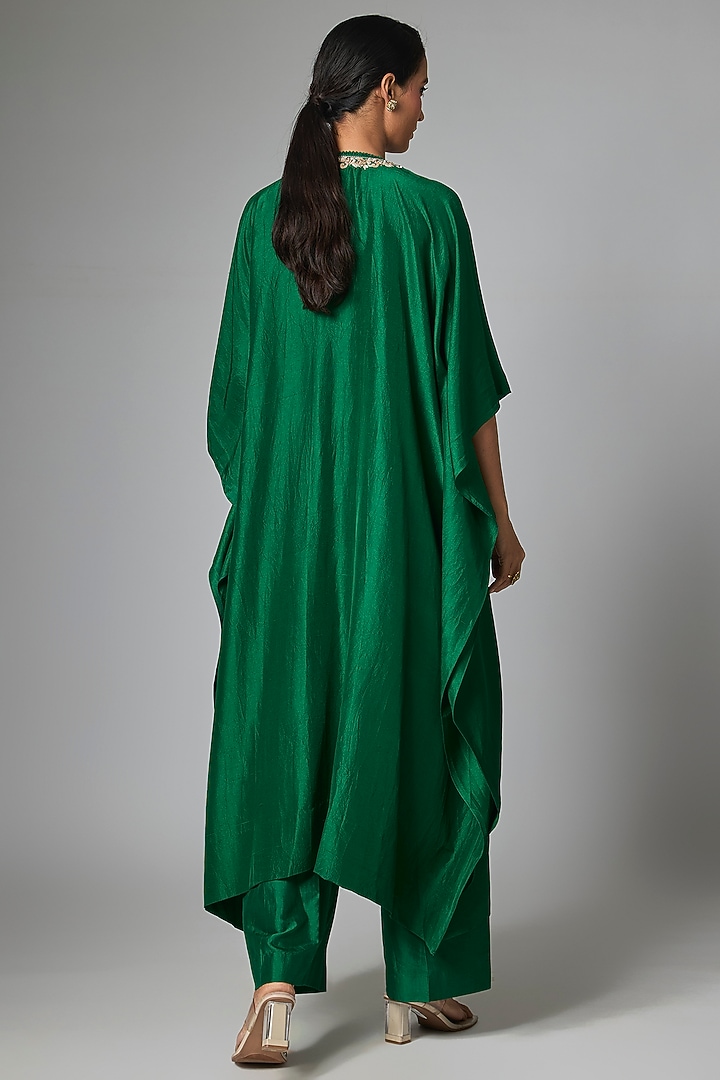 Bottle Green Silk Aari Work Kaftan Set by Jayanti Reddy at Pernia's Pop Up Shop