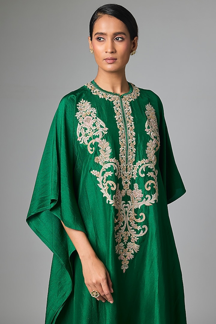 Bottle Green Silk Aari Work Kaftan Set by Jayanti Reddy at Pernia's Pop Up Shop