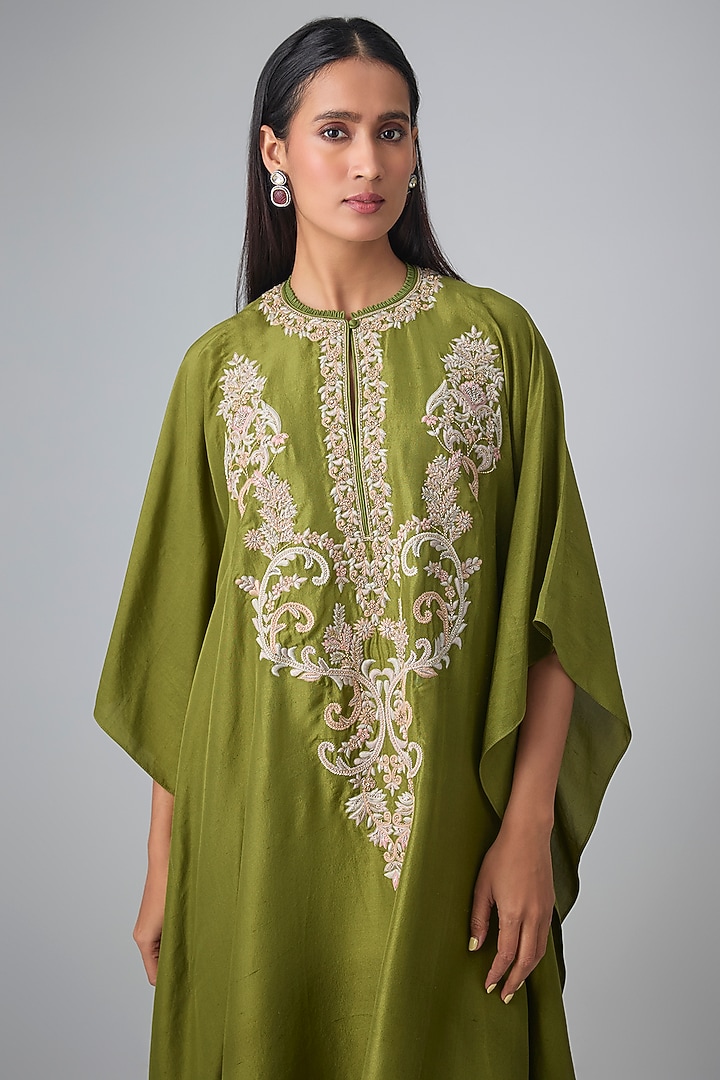Olive Green Silk Thread Work Kaftan Set by Jayanti Reddy at Pernia's Pop Up Shop
