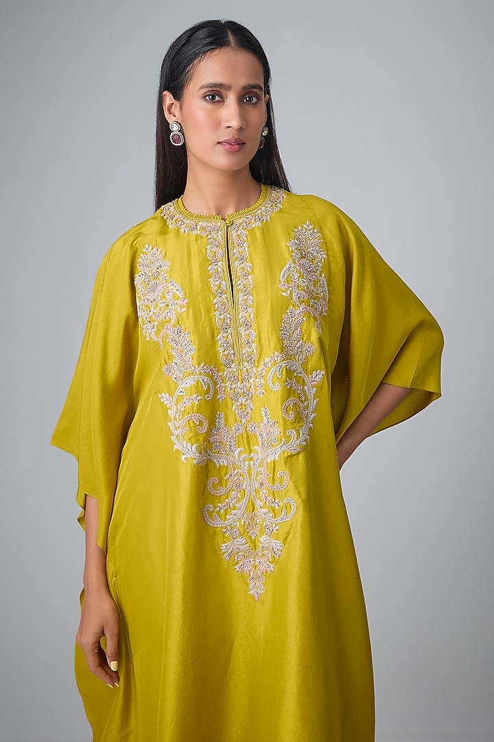 Mustard Silk Thread Work Kaftan Set by Jayanti Reddy at Pernia's Pop Up Shop