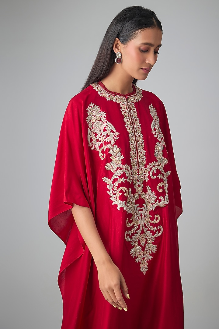 Red Silk Thread Work Kaftan Set by Jayanti Reddy at Pernia's Pop Up Shop