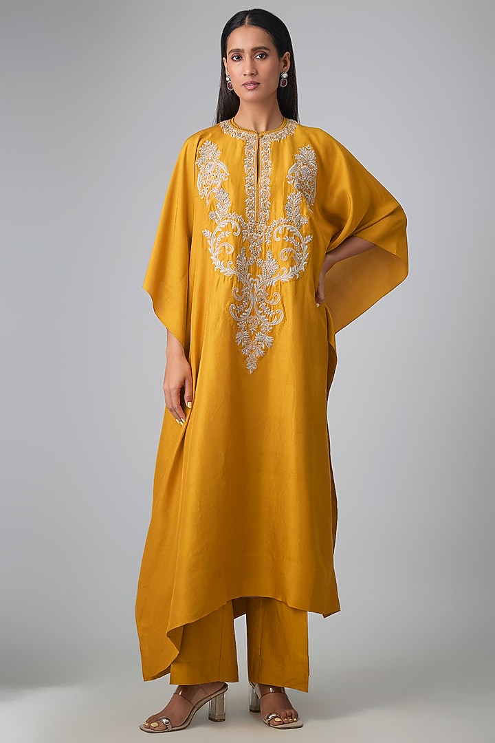Mango Yellow Silk Thread Work Kaftan Set by Jayanti Reddy at Pernia's Pop Up Shop