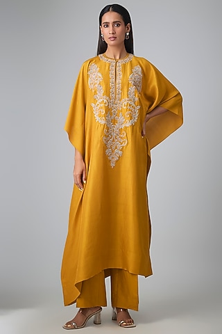 Mango Yellow Silk Thread Work Kaftan Set by Jayanti Reddy